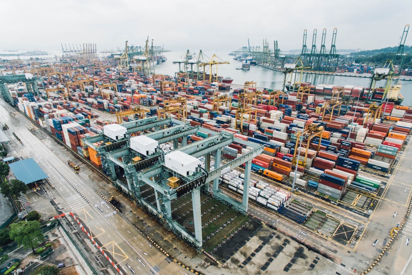Cargo ship and freight containers at an international port